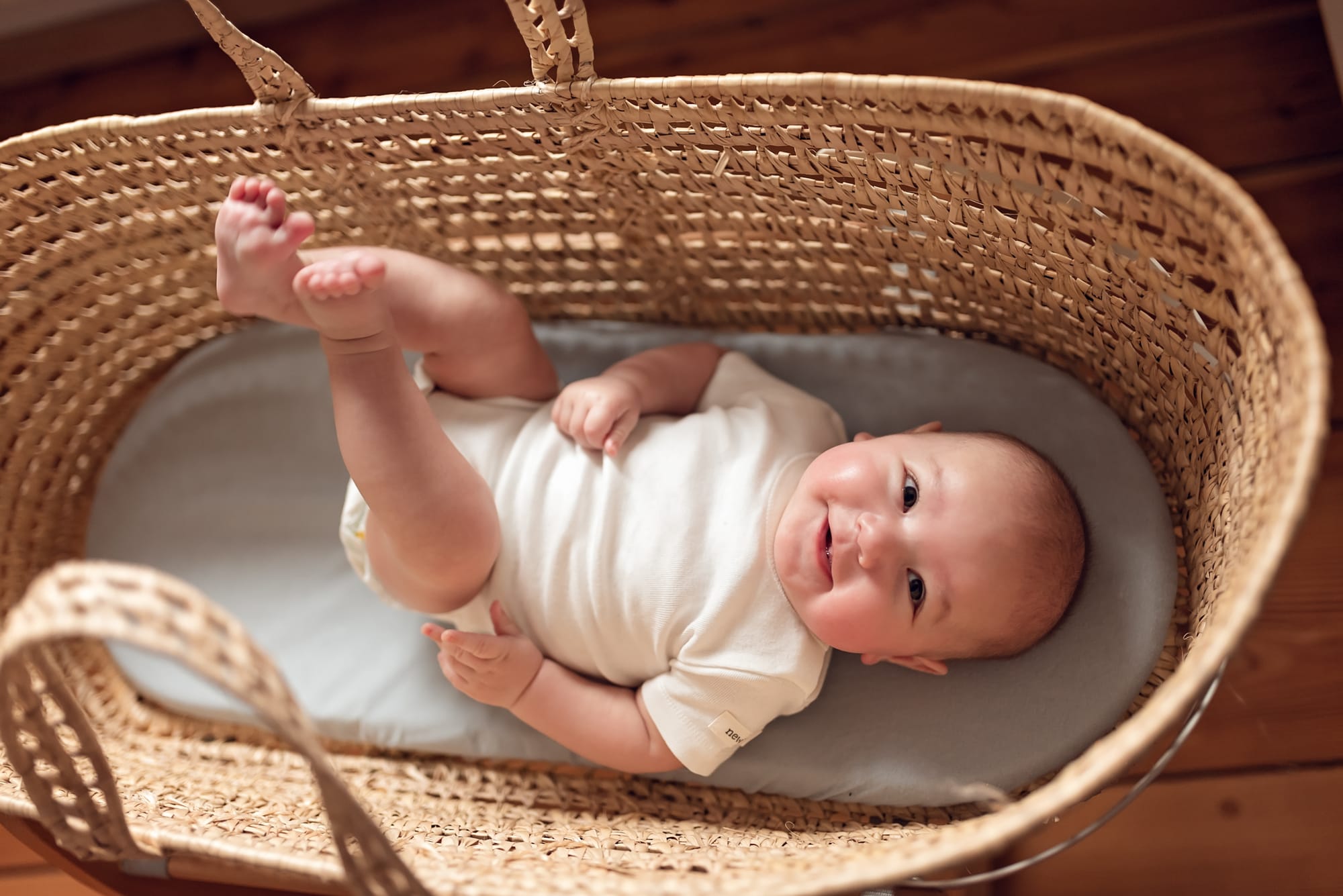 Niemowlę w koszu mojżesza naturalna sesja w domu
