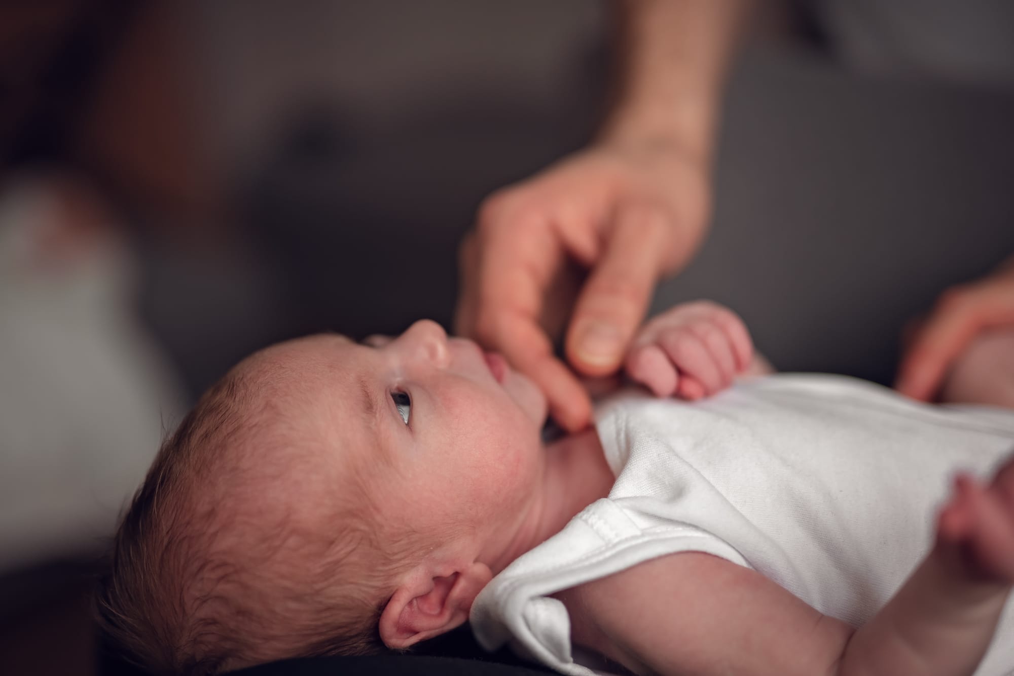 Noworodek wpatrujący się w rodziców sesja lifestyle w domu