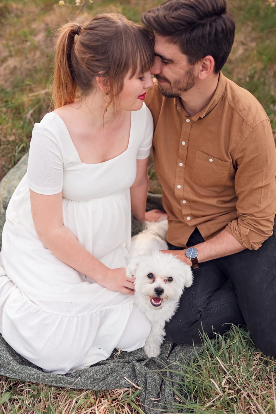 Para z psem na łące sesja ciążowa wiosną Gdynia