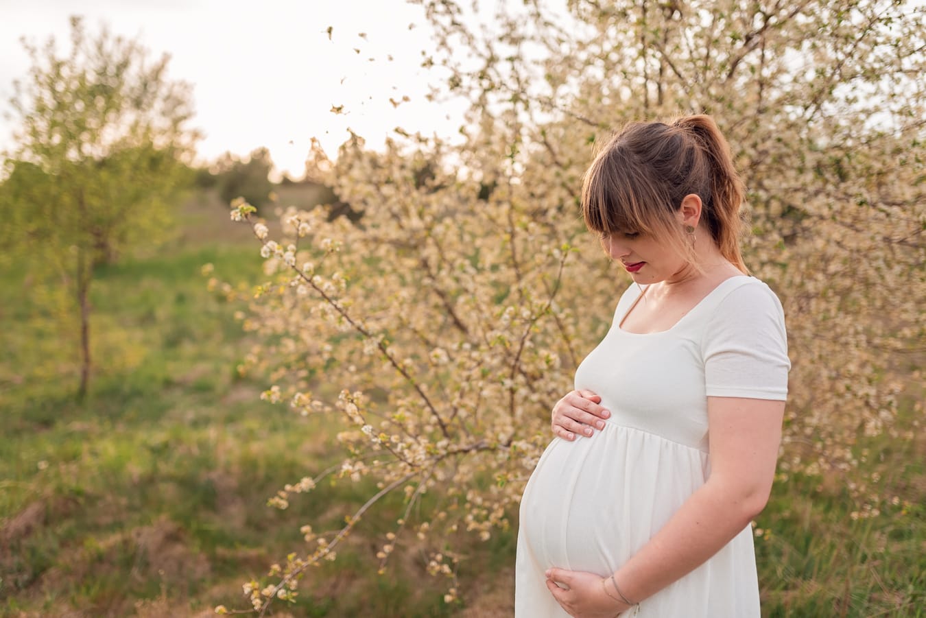 Mama w ciąży przy kwitnących jabłoniach sesja wiosną