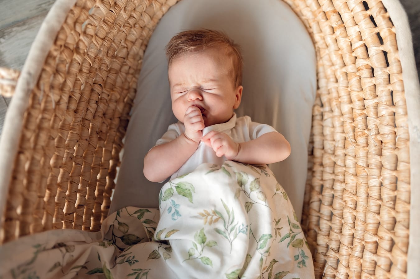Niemowlę ssie piąstki w koszu mojżesza sesja Gdańsk