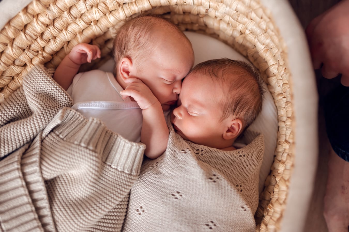Bliźnięta śpią w koszu sesja noworodkowa w domu Gdynia