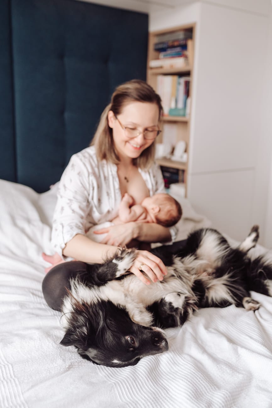 Mama karmi piersią i głaszcze psa sesja w domu