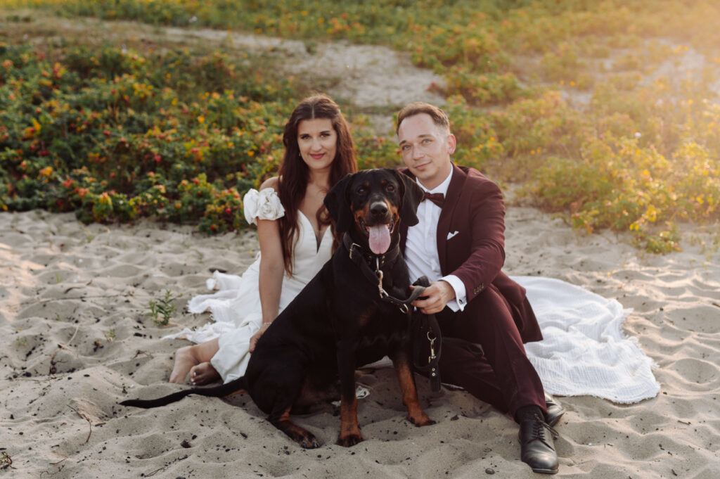 Sesja poślubna z psem na nadmorskich łąkach Trójmiasto