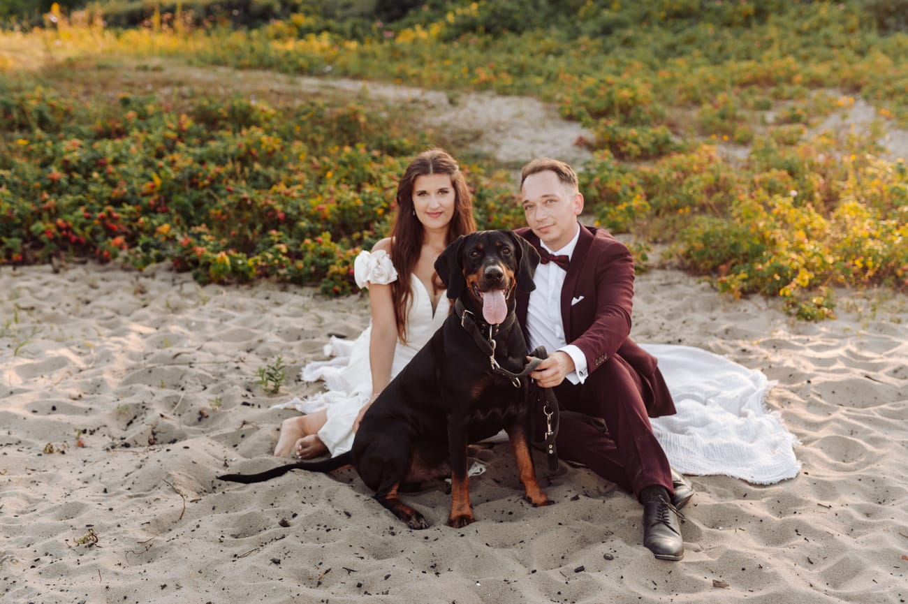 Para z psem na nadmorskiej łące sesja poślubna Gdynia
